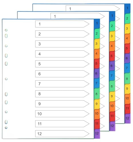 Thboxes File Dividers A4, 3 Pack 1-12 Part Folder Dividers Coloured Plastic A4 Dividers for Lever Arch Files Ring Binders Office School Index Dividers