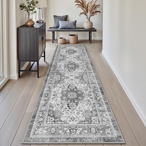 DEXI Alfombra Pasillo 60 x 240 cm, Alfombras Cocina Lavable Antideslizante, Tapete Vintage de Pelo Corto y Suave para Entrada, Lavandería o Comedor, Gris