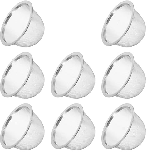 SHINEOFI Filtro de té de acero inoxidable y colador de té de 7 cm de diámetro, colador de metal estable para tetera, fácil de limpiar, adecuado para hierbas y especias, diseño moderno, 8 unidades para