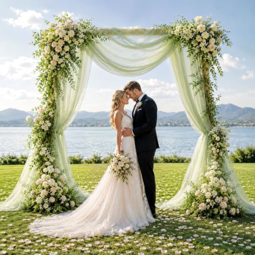 2 Stück Hochzeitsbogen Gardinen Grün, Hochzeit Vorhang Chiffon Stoff
