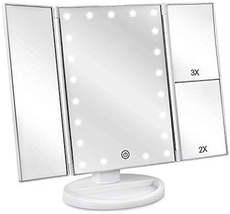 deweisn Floor Mount Tri-Fold Lighted Vanity Mirror with 21 LED Lights, Touch Screen and 3X/2X/1X Magnification, Two Power Supply Modes Make Up Mirror,Travel Mirror
