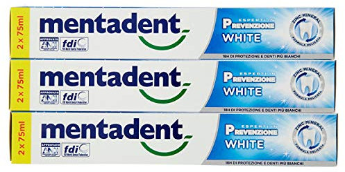 Mentadent Dentifricio Bianchi e Forti, con Zinco, Formula Delicata, Aiuta a Prevenire le Macchie, l'Ingiallimento dei Denti e l'Erosione dello Smalto, 8 Azioni Contro i Disturbi Orali, Formato 6x75ml