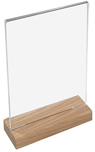 HMF 46944 Acryl Tischaufsteller mit Holzfuß | DIN A4 Hochformat | Glasklar