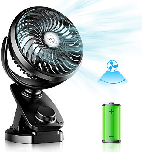 Verbesserte Mini USB Clip Ventilator mit 5000mAh 2 in 1 Tischventilator Clip Fan, Auto-Oszillierend Leise Stufenloser Geschwindigkeit USB Wiederaufladbare Tragbare Lüfter für Büro Camping Ø14.5cm