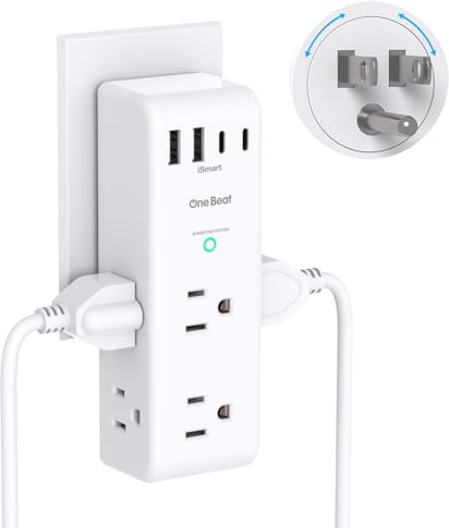 Surge Protector Outlet Extender - with Rotating Plug, 6 AC Multi Plug Outlet with 4 USB Ports (2 USB C), 1800J Wall Charger, 3-Sided Power Strip with Spaced Outlet Splitter for Home, Office, Travel