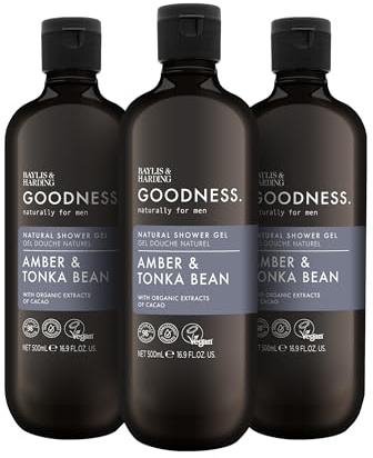 Baylis & Harding Goodness Men's Amber & Tonka Bean Natural Shower Gel, 500 ml (Pack Of 3) - Vegan Friendly