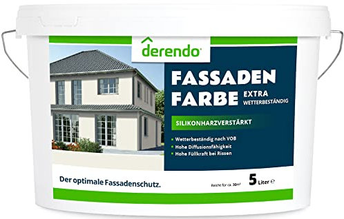 derendo Fassadenfarbe beige 5l mit EXTRA hohem Wetterschutz, matte silikonharzverstärkte Fassaden Farbe, hohe Deckkraft und gute Füllkraft bei kleinen Rissen (Altweiss)