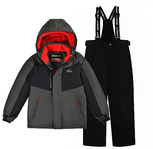 SMONTY Kinder Schneeanzug für Jungen, Winter-Skijacke & Hose, Set Kapuzenriemen, Winddicht, Wasserdicht, Warmer(Grau, 6-7)