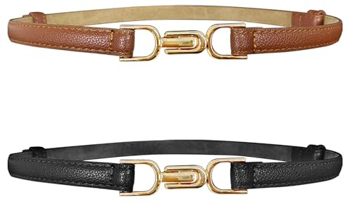 LECTNORE 2Pcs Women Skinny Leather Belt Adjustable Women Belts Waist Belt with Metal Buckle for Dresses (Black/Brown)