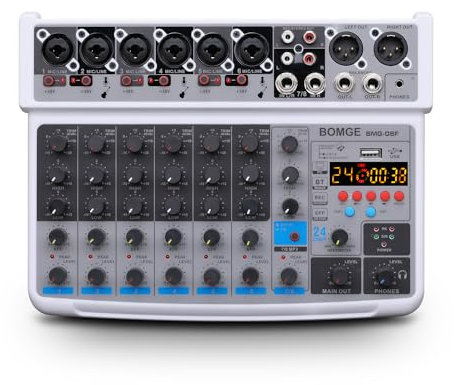 BOMGE 8 channel mini audio mixer Line Mixer ，DC 5V，with MP3 Player,Bluetooth, U disk 48V,24DSP effects, USB recording Ideal for Small Clubs or Bars, Studio Recording (8 channels-WHITE)