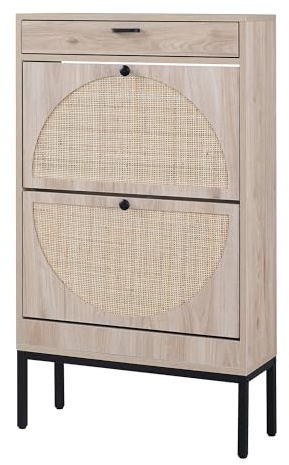 XIAO WEI Shoe Cabinet, Natural Semi Circle Rattan Shoe Storage Organizer Cabinet with 2 Flip Drawers, Freestanding Shoe Rack with Adjustable Shelf for Entryway
