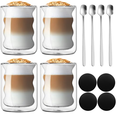 BORDEAG Juego de 4 tazas de espresso, vasos de café con latte macchiato, vasos de doble pared, vasos de capuchino, tazas con 4 cucharas, 4 posavasos para capuchino, café con leche, té, café, leche,