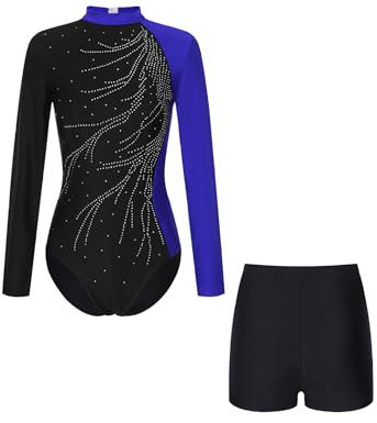 Fldy Gymnastikdräkt för kvinnor, långärmad med korta byxor, glitter, strass, gymnastikdräkt, balett, leotard, dansshorts set, konkurrens, danskostym, Kungsblå, M