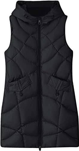 Suncadmious Gilet Trapuntato Senza Maniche da Donna con Cappuccio Caldo con Tasche Tinta Unita Lungo Temperamento con Cappuccio in Cotone Giacca da Cavallo (Nero,M)