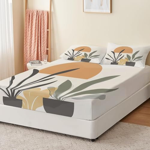 Spannbettlaken Bohemisch Pflanzen Sonne Bunt 140 x 200 cm, Weiche Mikrofaser Bedruckt Spannbetttuch Bis 30 cm mit 2 Kissenbezug, Atmungsaktiv Bequem Spannbettlaken Einfache Pflege