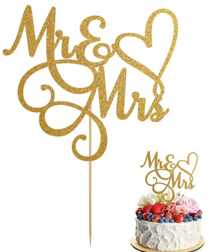 Vin Beauty Mr & Mrs Cake Topper Wedding Engagement Anniversary Cake Toppers Decorations Gold Glitter Bride and Groom Sign