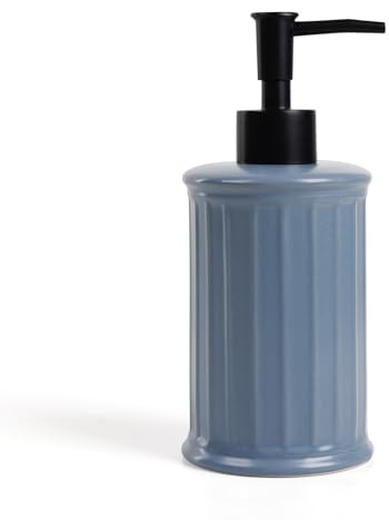 Umlaca Seifenspender Keramik Spülmittelspender, Nachfüllbarer Seifenspender Keramik 350ml, Pumpspender mit Streifenmuster, Soap Dispenser Geeignet für Küche, Bad (Blau)