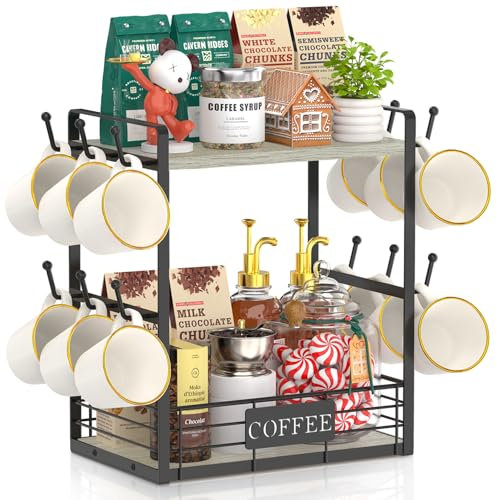 EsLuker.ly 2 Tier Coffee Bar Organizer Countertop Station Rack for Kitchen, Multi-Functional Coffee Mug Holder Display Stand, Accessory Storage Shelf with 12 Hooks, Light Grey-Black