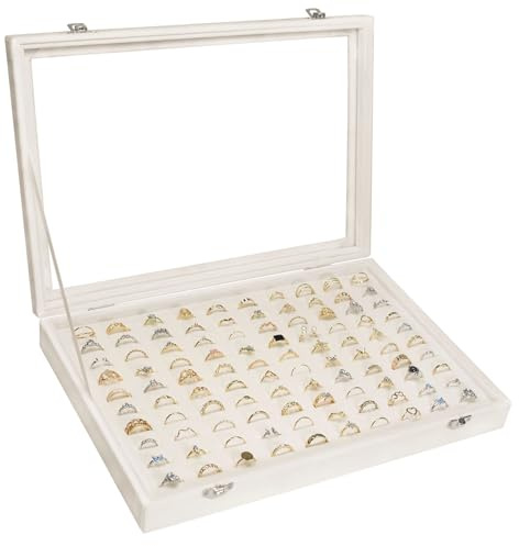 Siveit Velvet Ring Display Tray Organizer Box with Transparent Lid, 100 Slot Ring Holder Showcase For Store Display Jewelry Show Home, Ring Organizer For Rings Earrings (Beige)