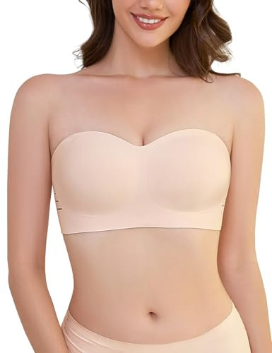 Xnova Soutien-Gorge Bandeau Femme sans Bretelles, Anti-dérapant Silicone Soutien Gorge sans Armature, Invisible Convertible Brassière Dos-Nu Bralette Bretelle Amovible (Beige-p, S)