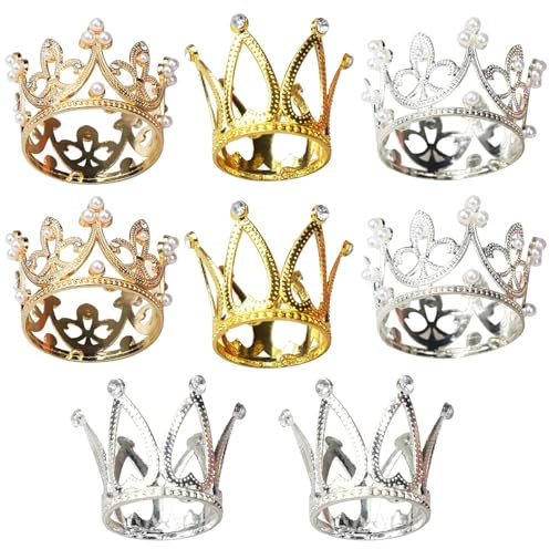 CHarmeFleur 8 pezzi di corone topper per torte oro e argento piccola corona regina mini corona principessa accessorio testa mini tiara decorazione torta per donne signore ragazze sposa
