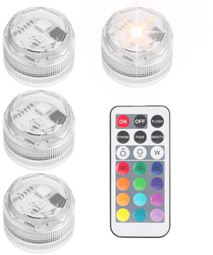 SVCEQZE 4 luci subacquee a LED, 3 x 2 cm, luci a LED sommergibili, luci sommergibili, luci subacquee, illuminazione per laghetto, luce subacquea, con telecomando, 13 colori e 4 modalità