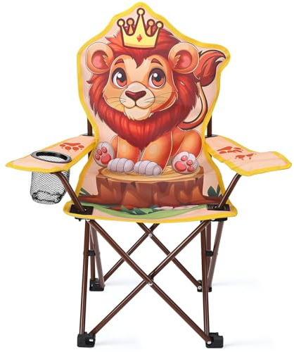 Halinuia Sedia da campeggio per bambini, pieghevole, con porta bevande, per bambini, pieghevole, con motivo leone, in acciaio legato, portatile, per campeggio, pesca, attività all'aperto