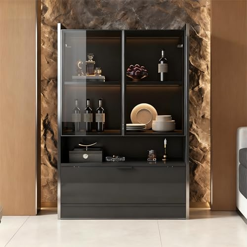 BENMWS Vitrina negra mate de 120 cm de altura moderna, vitrina de cristal con iluminación, armario de salón con puertas de cristal y puerta abatible, armario de madera aglomerada