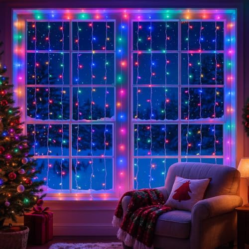 Luxly Multicoloured Christmas Curtain Fairy Lights, 3mx3m 300LED, 8 Modes-Timer, Plug in Mains Powered for Outside/Indoor/Garden Xmas Party Decorations, Outdoor, Waterproof, Durable