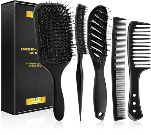 DUAIU Juego de Cepillo de Pelo Para Hombre, Kit de Peinado para Hombre 5 Piezas: Cepillo de Pelo, Cepillo Ventilado, Cepillo Voluminizador, Peine de Púas Anchas y Peine/Cepillo Doble Cara