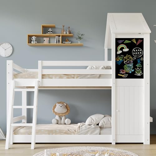 Zravenna Letto a castello da 90 x 200 cm, con scorrevole obliqua a tre livelli, letto per 2 bambini, letto a casa con finestra, tetto, una piccola porta e una lavagna, per ragazzi e ragazze (bianco C