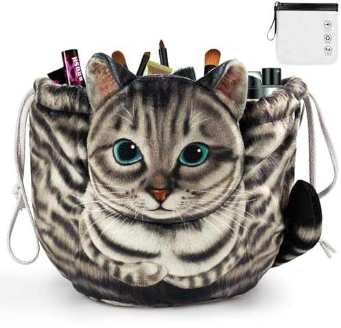 Cat Drawstring Makeup Bag Flat Lay Make Up Bag Portable Pouches Travel Makeup Bags for Women Large Cosmetic Bags Storage Organiser Cat Gifts for Women, Girls, Cat Lovers - Grey