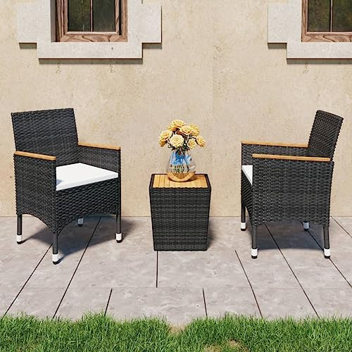 JHQHSM Set da bistrò in polyrattan e legno di acacia nero per terrazza e balcone con cuscini resistenti alle intemperie