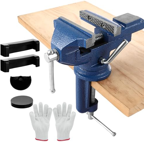 MUXHEL Vice 60mm, Bench Vice Clamp 360° Swivel Base Vices for Workbench, Heavy Duty Work Bench Vice Table Vice for Woodworking Cutting Conduit Metalworking Drilling Sawing-Blue