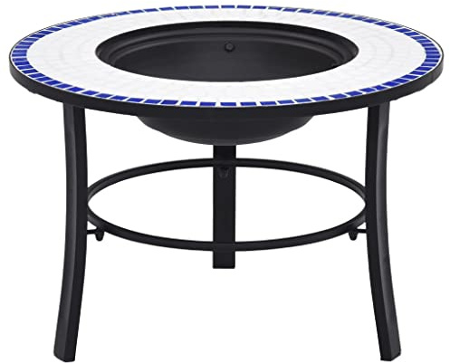 LoogCape Eldstad mosaik, keramik, blå, vit, 68 cm för trädgård, terrass, dekoration, värmekamin med treben, stålram för komfort utomhus