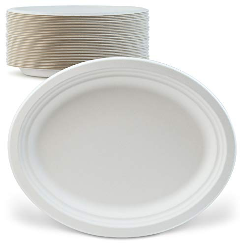 Green Earth, 12.5x10-Inch, 125-Count, Compostable Plates, Natural Bagasse (Sugarcane Fiber), Everyday Tableware - Disposable Oval Shape Microwave-Safe Gluten-Free