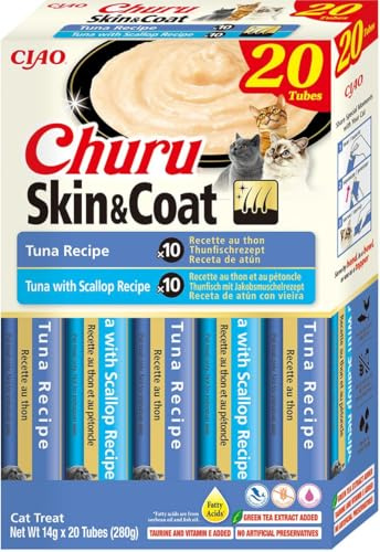 INABA Churu Skin & Coat Creamy Snack pour Chats en 2 variétés de Thon - 20 bâtonnets x 14 g - Nourriture pour Chat avec oméga 3 et 6, Vitamine E pour la santé de la Peau et du Pelage
