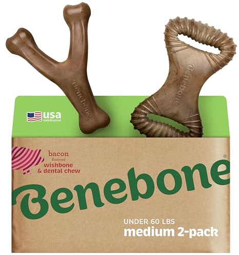 Benebone Lot de 2 os à mâcher indestructibles pour masticateurs agressifs, Durable et résistant, véritable saveur de Bacon, pour Chiens de Taille Moyenne, fabriqué aux États-Unis.