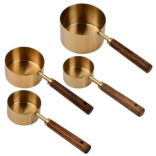 4 Pcs Cuillères et Tasses à Mesurer en Cuivre Acier Inoxydable, Cuillere Doseuse avec Manche en Bois, Cuisine Mesure Cup Poli Miroir pour Pâtisserie Cuisson Café Thé Sec (Acacia)