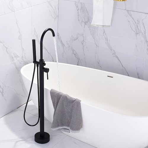 FRANSITON Freestanding Bathtub Faucet Floor Mount Tub Filler Standing High Flow Shower Faucets Shower Mixer Taps, Swivel Gooseneck Spout with Cylinder Handheld Matte Black