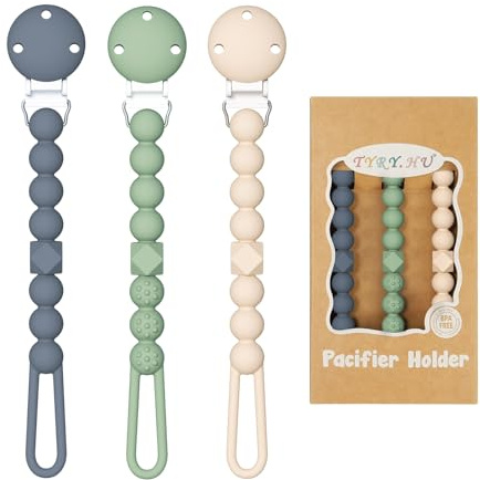 TYRY.HU Silicone Dummy Clip for Baby, One Piece Pacifier Clips, Pacifer Chain Holder Set for Boys and Girls,Fits Most Pacifiers and Teething Toys,Unisex Newborn Universal,3 Pack