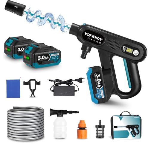 YOFIDRA Batteridriven högtryckstvätt, högtryckstvätt med batteri 18 V max 500 bar bärbar trådlös högtryckstvätt med 2 batterier och 5 m slang för bil, terrass, fönster, gräsmatta
