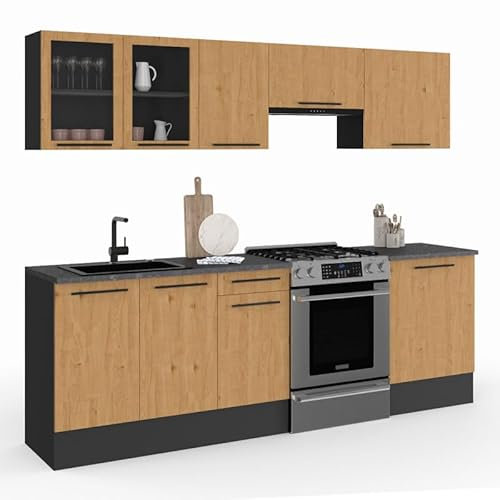 IDMarket - Cocina completa 240 cm sutil con vitrina + encimera 7 elementos madera y negro