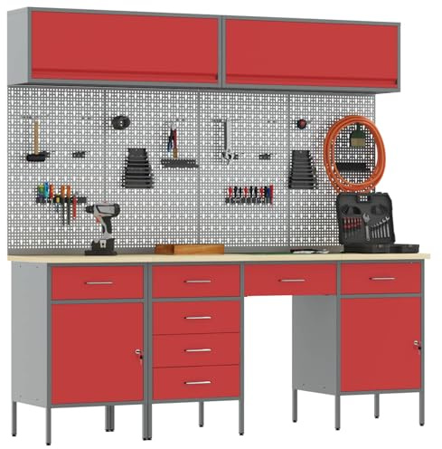 vidaXL Établi avec tiroir 10 pcs Noir 200 x 55 x 200 cm Acier, Organisation d'atelier, Rangement de qualité, Armoire Industrielle Pratique, système de Stockage Multi-Fonction