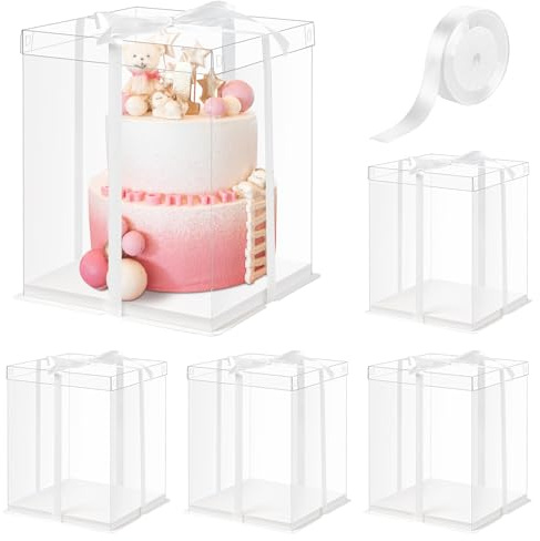 Ocmoiy 10x10x12Inch Clear Cake Box, 5 Pcs Tall Cake Boxes with Ribbon, Treat Transport Boxes for Wedding, Birthday, Party