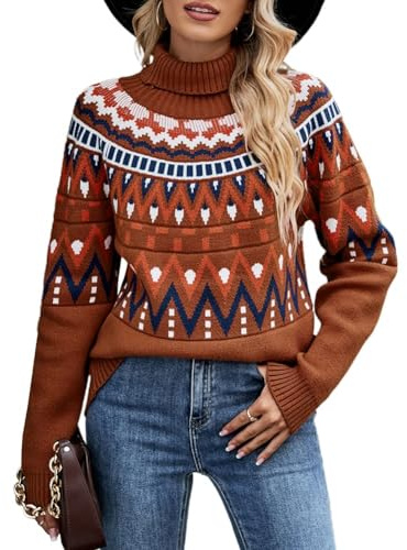 QUNERY Pull Femme Automne Hiver Col Roulé Pull Jacquard Lâche Casual Ample Mode Chaud Pullover Tricoté Rouge Rouille XL