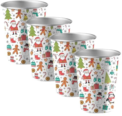 LOZACHE Christmas Cups for Kids, Stainless Steel Kids Holiday Cups, 12 oz Stackable Metal Drinking Tumblers Mugs for Xmas Party decorations, 4 Pack, Christmas Stocking Stuffers for Teenage Girls Boys