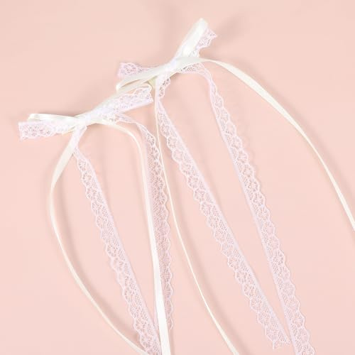 1 Pair Elegant Lace Bows for Hair White Hair Bows with Long Tail Ribbon Bow Satin Hairs Clip Coquette Ribbons Hairs Bow Accessories Cute for Women Bridal Bridesmaid Wedding Birthday Gifts