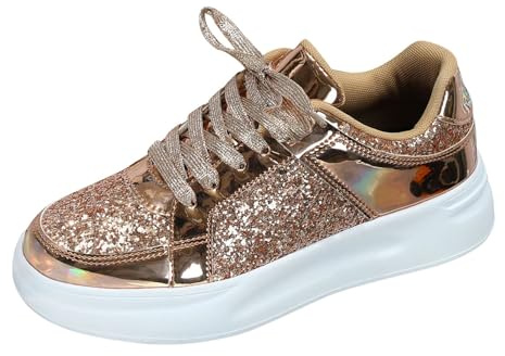 Glitter Trainers Women's Casual Shoes Flat Fashionable Wedding Shoes Breathable Retro Style Walking Shoes Tennis Classic Sneakers Outdoor Leisure Dance Shoes Bridal Shoes, Rose Gold, 8.5 UK