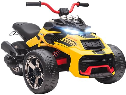 AIYAPLAY Kids Electric Ride On Car 12V MP3 Horn LED Lights 3 Wheeler Yellow | Ride On ATV Electric Vehicle Toy Car, 2 Speeds, for Boys & Girls Ages 3-8